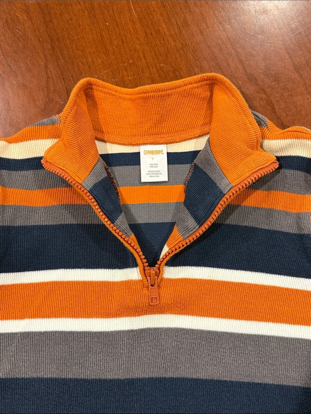 Boys Striped Half-Zip Shirt- Orange & Navy Size 7